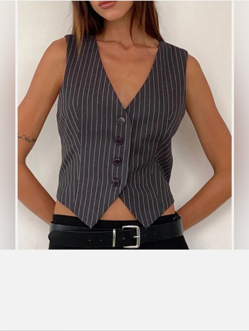 (M)Pinstripe V-Neck Button Vest Top - Charcoal Gray